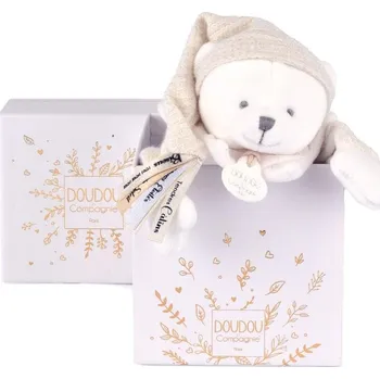 Hračka pro nejmenší Doudou et Compagnie Paris | Doudou Dárková sada Plyšový muchláček medvídek s čepičkou béžový 25 cm