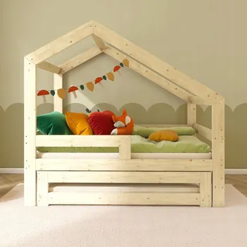 Dětská postel Patrová postel domeček s výsuvným lůžkem 200x90 + zábrana + 2 rošty W6