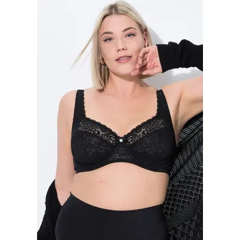 Podprsenka Ulla Popken, Plus size Podprsenka s kosticemi, květovaná krajka, plná krajka, košíčky C-E pro plnoštíhlé nadměrná velikost, 727062100-1122, černý, 95F, Nadměrné velikosti, Plus size oblečení, Oblečení pro boubelky, Oblečení pro baculky, Oblečení pro plnoš