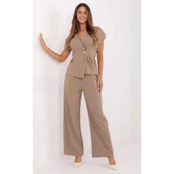 Elegantní komplet kalhot a vesty s vázáním v pase model 02978 béžový