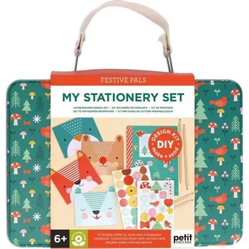 Dřevěná hračka Petit Collage Kreativní kufřík zelený Dopisní souprava se zvířátky - poškozená kovová krabička