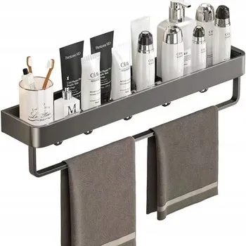 Šedá koupelnová polička do sprchy s háčkem + lepidlo