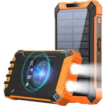 Příslušenství ke karavanu Powerbanka solární, 4 vestavěné kabely, bezdrátové nabíjení, 20000 mAh
