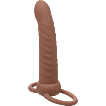 Návlek na penis CalExotics Performance Maxx Rechargeable Ribbed Dual Penetrator - Brown skin tone