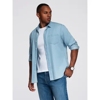Pánská džínová košile s vyšívanou kapsou - světle modrá V1 OM-SHDS-0181 - XL