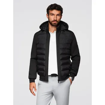Pánský zimní kabát Prošívaná bomber bunda s kapucí a pletenými rukávy - V1 OM-JALP-0298 Barva: Černá, Velikost: L