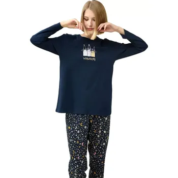 Dámské pyžamo Dámské bavlněné pyžamo s potiskem koček a hvězdnými kalhotami Vamp 23205 blue velikost XL