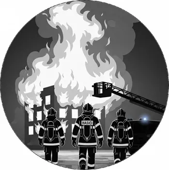 Jedlá dekorace na dort Jedlý papír hasič u požáru domu grafika 19,5 cm - Pictu Hap