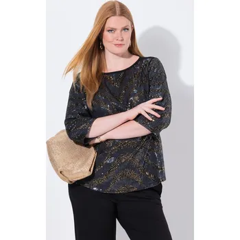 Dámské tričko Ulla Popken, Plus size Halenkové tričko, dvouvrstvé, lodičkový výstřih, 3/4 rukávy pro plnoštíhlé nadměrná velikost, 844972100-1129, černý, 46/48, Nadměrné velikosti, Plus size oblečení, Oblečení pro boubelky, Oblečení pro baculky, Oblečení pro plnoštíhlé