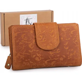 Peněženka Velká dámská kožená peněženka ve vintage stylu s květinovým reliéfem hnědá