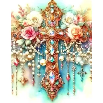Diamantové malování Diamantové malování/Homfun - Kříž s drahokamy a růžemi + třpytivé kamínky