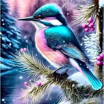 Diamantové malování HOMFUN Diamantové malování Barevný ptáček na zimní větvičce