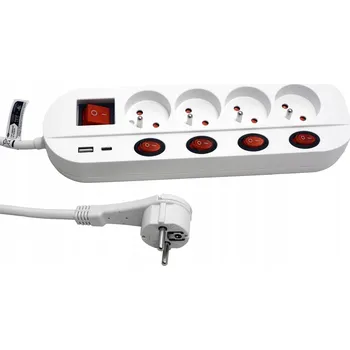 Elektrická zásuvka ROLINE Násobná zásuvka 16A,4x zásuvka CZ,3+1 vyp.,zdroj USB A+C,bílá,1,5m