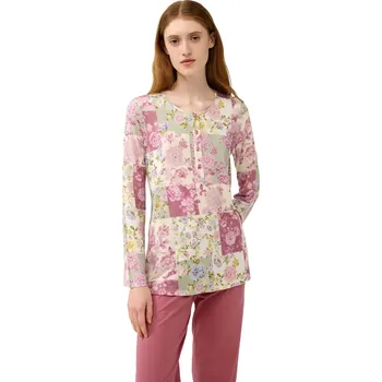 Dámské pyžamo Dámské zimní pyžamo s květinovým patchwork vzorem Vamp 23021 pink wood velikost S
