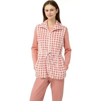 Dámský župan Dámská fleecová kostkovaná vesta na zip Vamp 23325 pink tan velikost S