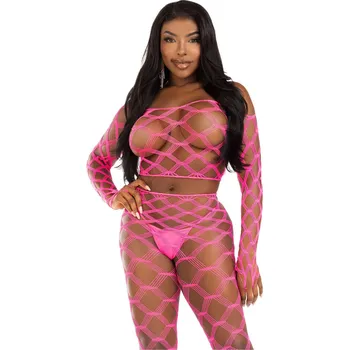 Dámská erotická souprava Very Sexy Lingerie Leg Avenue Net crop top & footless tights - Pink - O/S