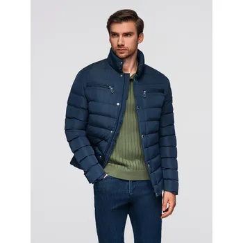 Pánský zimní kabát Pánská prošívaná bunda se stojáčkem a zipy na hrudi - V1 OM-JALP-0260 Barva: Tmavě Modrá, Velikost: 2XL
