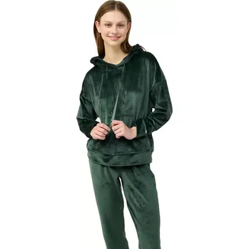 Dámské pyžamo Dámská sametová souprava s kapucí a klokaní kapsou Vamp 23083 green teal velikost XL