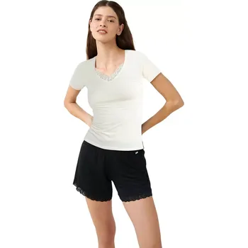 Dámské tričko Elegantní dámské tričko Vamp s krajkou 21801 smetanové velikost M