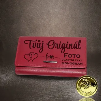 Peněženka Dámská červená kožená peněženka s fotkou, textem nebo monogramem – originální dárek Vyberte variantu: + MONOGRAM | zdarma | + Akce - zlatá mince Pro štěstí ZDARMA