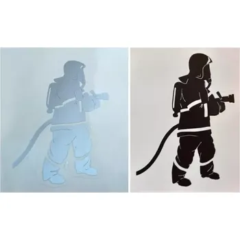 Samolepicí dekorace na vozidlo Samolepka na auto - stojící hasič s proudnicí - stříbrná