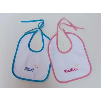 Dětský bryndák s nápisem Hasič, Hasička - modrý lem pro chlapce