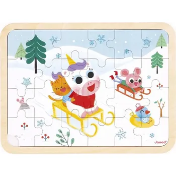 Puzzle Janod dřevěné puzzle s hledáním rozdílů – sáňkování, 24 dílků