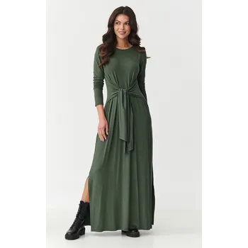 Dámské šaty Dámské maxi šaty z viskózy s vázáním a bočními rozparky Barva: Khaki, Velikost: XL
