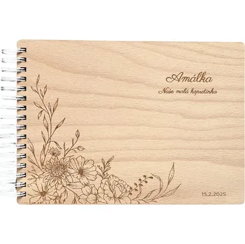 Dřevěné fotoalbum – Rozkvetlá vzpomínka Vyber typ vazby: Dva doplňovací kroužky (sříbrné), Barva vnitřních papírů: Bílá