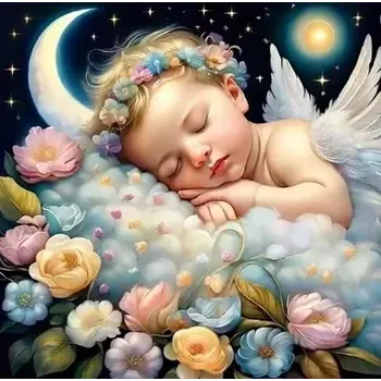 Diamantové malování Diamantové malování/Homfun - Spící andělíček na květinovém obláčku + perleťové kamínky NOVINKA