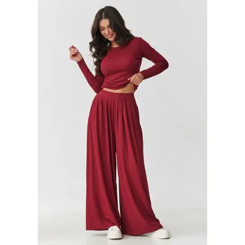 Dámská móda Viskózový set s nařasenou halenkou a širokými kalhotami M892 Barva: Bordová, Velikost: XL