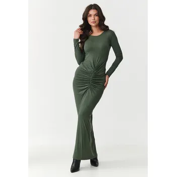 Dámské oblečení Přiléhavé maxi šaty s řasením v pase M898 Barva: Khaki, Velikost: L