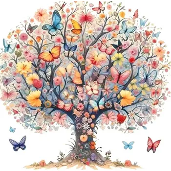 Diamantové malování Diamantové malování/Homfun - Barevný strom s motýlky + třpytivé kamínky
