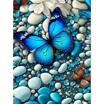 Diamantové malování Diamantové malování/Homfun - Modrý motýl a oblázky + třpytivé kamínky