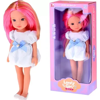 Panenka panenka s dlouhými růžovo-blond vlasy v bílé šaty s modrou mašlí 33 cm