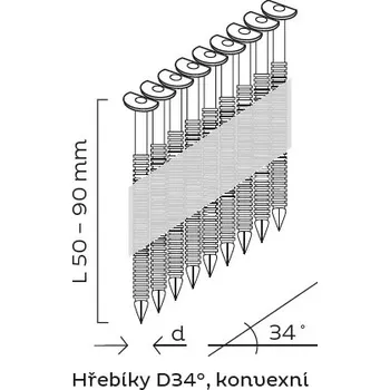 Hřebík KMR-BEA KONVEXNÍ Hřebíky páskované D34, papírová páska – úhel 34° stupňů včetně 2 ks plynové náplně pro hřebíkovačku 3890 Varianta: D34 29X50 BK KONVEX GAS BUC