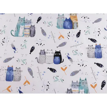 Bavlněná látka / plátno kočky, barva 4 1000t bílá modrá