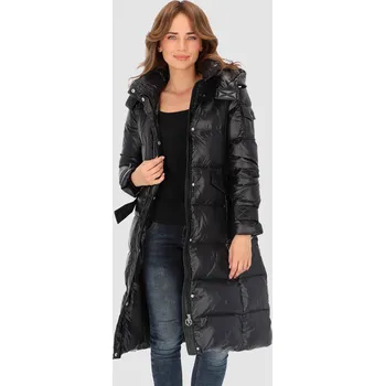 Dámský kabát Černý dámský dlouhý péřový kabát s páskem BLH 220019 FX - Black Velikost: 2XL