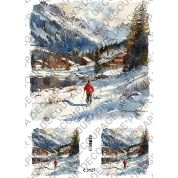 Umělecký papír Rýžový a soft papír na decoupage - Hory lyžař - KB3127 Materiál: Soft, Rozměr: A4