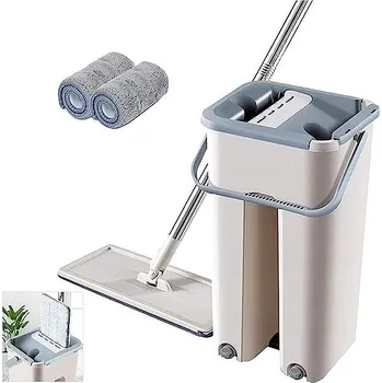 mop TopKing Plochý mop s kyblíkem a dvoukomorovým ždímačem + 2 mikrovláknové vložky - extrémně lehký