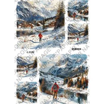 Umělecký papír Rýžový a soft papír na decoupage - Hory lyžař - KB3129 Materiál: Soft, Rozměr: A4