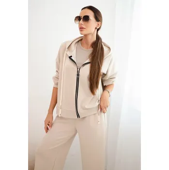 Dámský komplet máslový s širokými nohavicemi a mikinou na zip béžový UNI