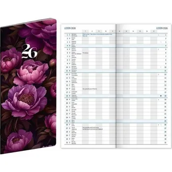 Diář Diář měsíční, kapesní, 8x18 cm, Fialové květy 2026