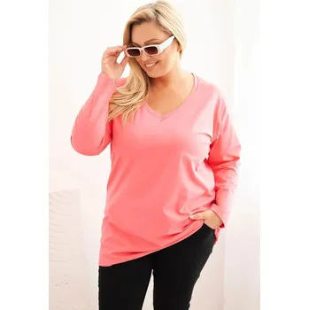Dámská halenka Dámská blůza Plus Size s výstřihem do V a dlouhým rukávem růžová 2XL/3XL