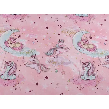 Bavlněná látka se zlatotiskem jednorožec - 3 (593) růžová sv.