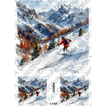 Umělecký papír Rýžový a soft papír na decoupage - Hory lyžař - KB3125 Materiál: Soft, Rozměr: A4