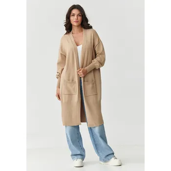 Dámský svetr Dámský dlouhý kardigan s kapsami S167 Barva: Světle Hnědá, Velikost: ONE SIZE