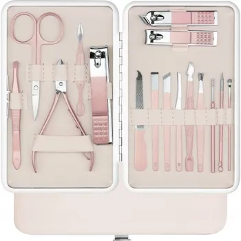 SADA NÁŘADÍ NA MANIKÚRU PEDIKÚRU NEHTŮ POUZDRO 16 DÍLŮ PUDROVÁ RŮŽOVÁ