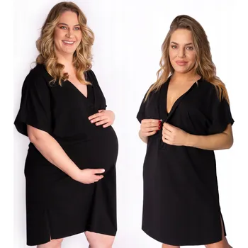 Dámská noční košile Černá "V" noční těhotenská košile pro porod a kojení 4XL s rozepínacími druky