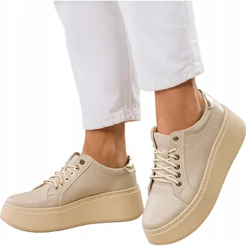 Dámské tenisky SNEAKERSY Dámské Kožené Béžové Creepersy Komfortní Polský výrobek, velikost 36